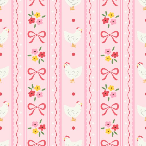 White chickens with red and yellow florals Stripe pattern