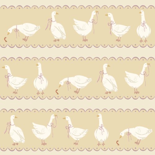 A seamless pattern featuring scalloped stripes and cute geese with bows
