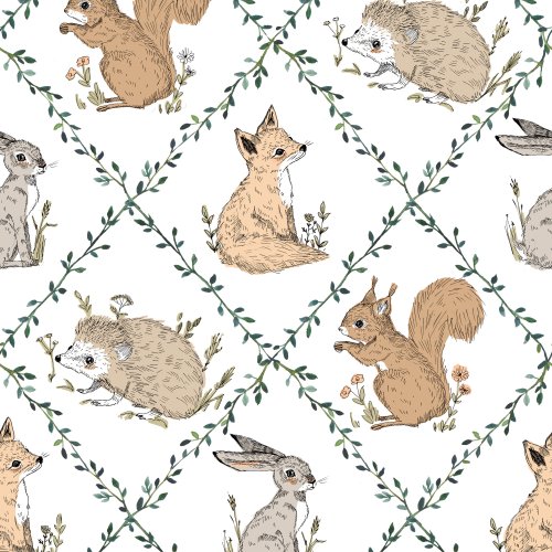 Woodland animal fabric design with rabbits, squirrels hedge hogs and rabbits with vine leaves