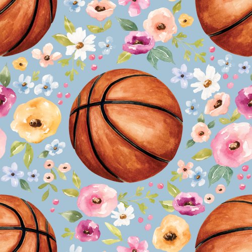 Sports fabric design with basketballs and flowers