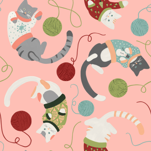 Cats wearing Christmas sweaters playing with yarn scattered between them in a multidirectional print