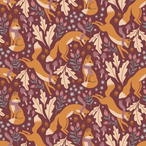 Whimsical woodland pattern featuring foxes in scarves, oak leaves, acorns, mushrooms, and florals in orange, blush, and beige tones on a deep berry red background.
