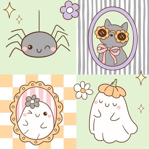cute halloween ghosts spiders cats in checker background