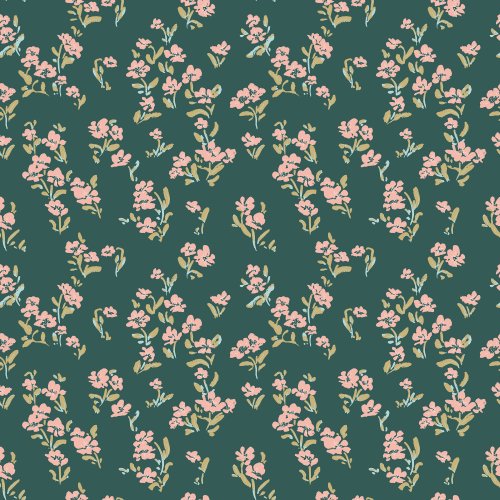 Playful abstract pink florals on dark turquoise background