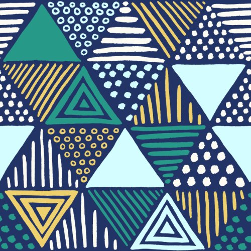 Bold geometric triangle pattern with hand-drawn stripes, dots and abstract shapes in aqua, teal, yellow and cream on a navy background.