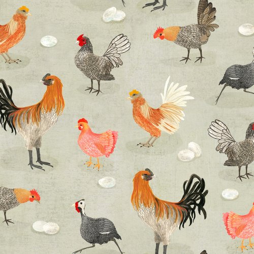 Chickens and roosters scattered across a soft background in a playful farmyard design.