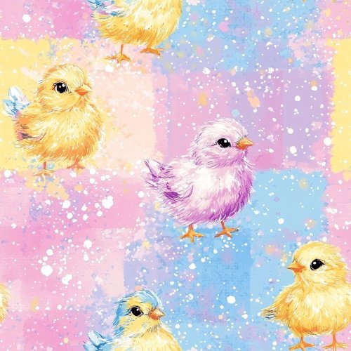 easter chicks on pastel checker background