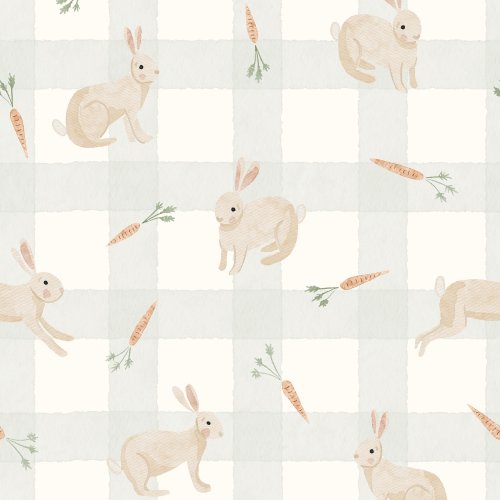 Watercolor bunnies and carrots on a soft gingham background.