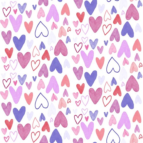 pink and purple watercolor hearts in a nondirectional pattern on white 