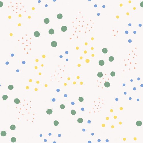 vA scattered pattern of irregular dots in yellow, dusty blue, sage green and peach on a warm off-white background, with subtle hand-painted texture and varied dot sizes.