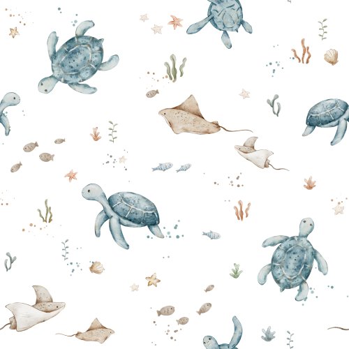 Turtle Land Blue in White