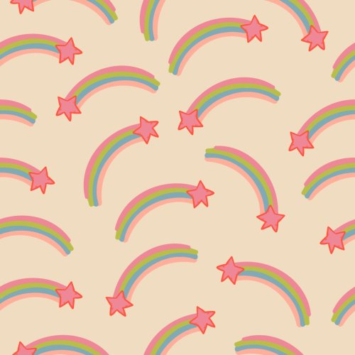 Rainbow shooting stars on yellow cream. Pairs with designs in The Galaxy Girl collection by Tylee + Art.