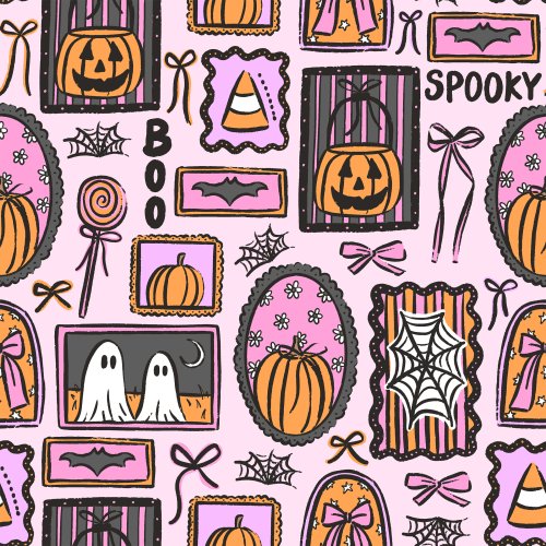 purple halloween frames with pumpkins and ghosts