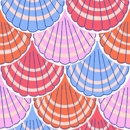 Multicolored mermaid scales in bright orange, pink, red and blue with cobalt blue linework