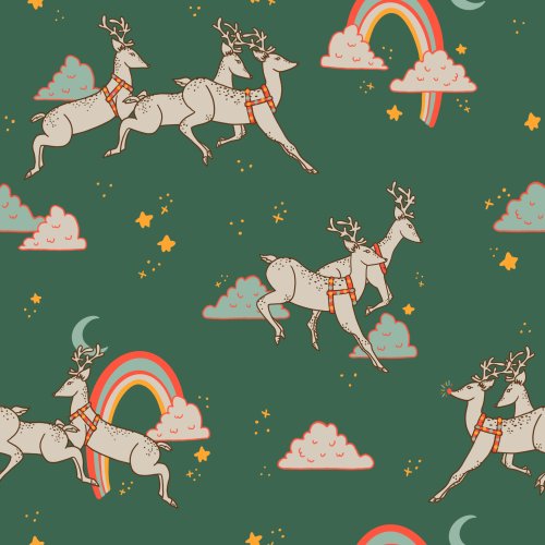 Midnight Reindeer by Tylee + Art. Reindeer flying through the sky surrounded by rainbows, clouds, and stars. Choose between vintage black or green background.