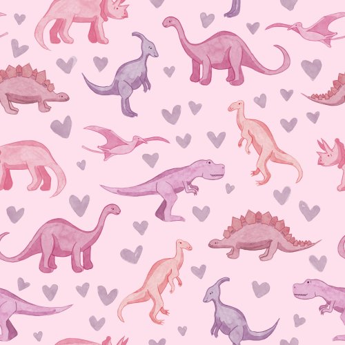 hearts and dinosaurs on purple background