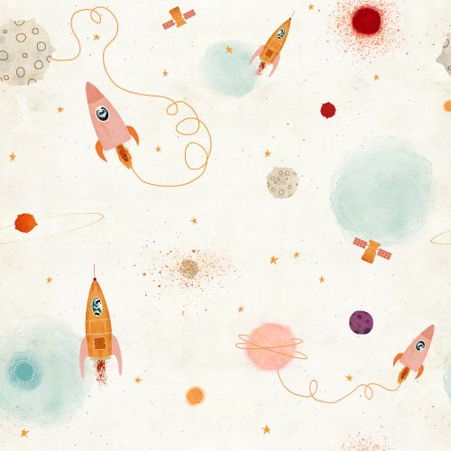 Playful rockets flying among moons, planets, and satellites in a scattered outer space scene.