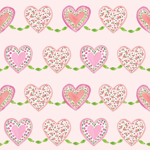 a handpainted design of watercolor hearts in shades of pink, with leaves of green garland connecting each row of hearts