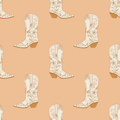 A light brown background with white cowboy boots with delicate watercolor flowers on them