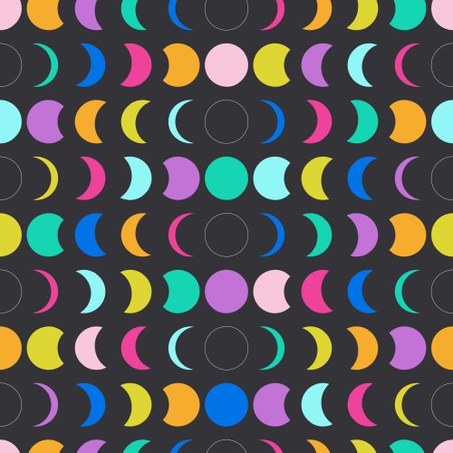 brightly-colored moons in all phases in rows on a black background 