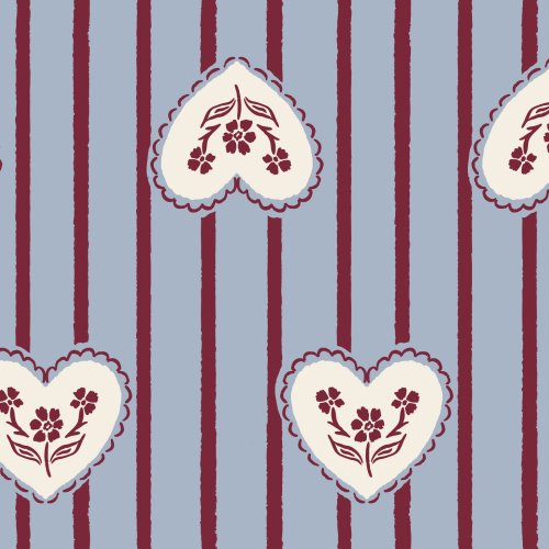 Vintage-inspired striped hearts with a doily-style charm. A nostalgic Valentine fabric perfect for quilts, clothing, and cozy home accents.