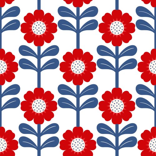 Red white and blue retro florals in a geometric pattern 