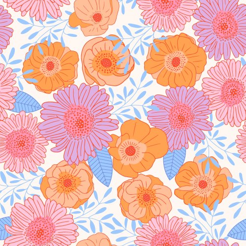 Spring daisies and poppies in shades of pink, blue, lavender and tangerine