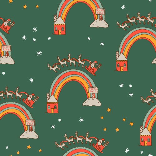 Santa Claus is Coming to Town by Tylee + Art. Santa on his sleigh pulled by reindeer with rainbows in the background. Background color is green.