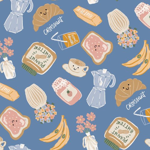 A cute tossed print featuring breakfast foods with cute faces