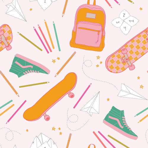 Cute back packs, skateboards, sneakers, pencils, and paper airplanes by Ashes and Ivy.