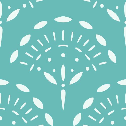 Geometric repeat inspired by mermaid tails with white motifs on a turquoise background.