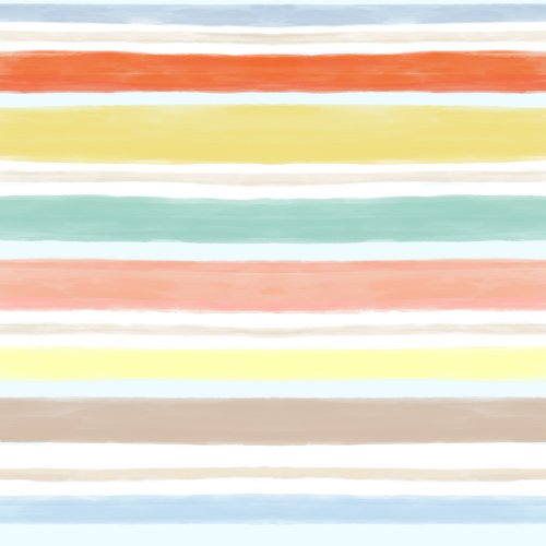 Bright gender neutral stripe for summer with tones of orange, light blue, green, tan, and yellow