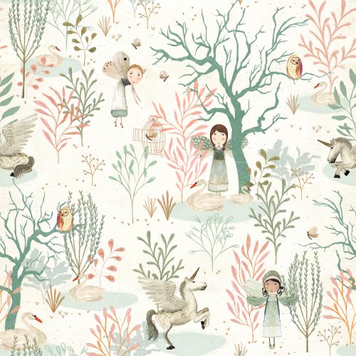 Enchanted black forest filled with fairies, trees, owls, birds, unicorns, butterflies, and swans in a whimsical scene.