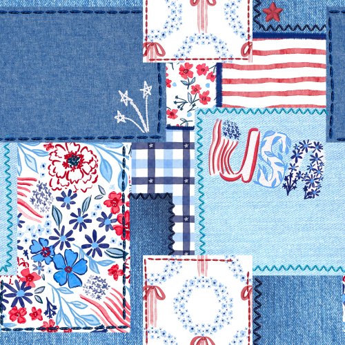 Hand drawn patriotic florals, stripes, and patterns mixed with denim patches with stitching 