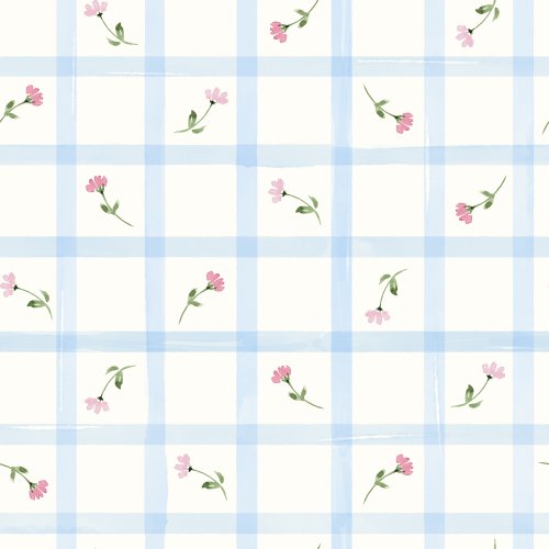 Blue floral watercolor gingham checks 2 
