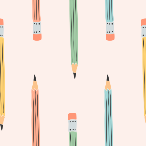 Repeating vertical arrangement of long coloured pencils with pointed tips, dark lead and simple hand-drawn details on a pale blush background.