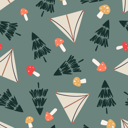 Cute tossed tents, forest trees and mushrooms.  Summer camping, hiking outdoors.