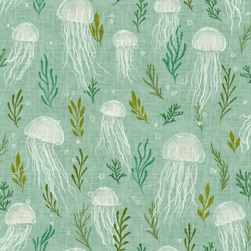 Graceful jellyfish drifting among flowing seaweed fronds, a soft underwater design with a gentle marine feel.