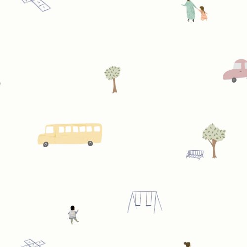 Illustrated school drop off scene with school bus, school house, children and outdoor play activities