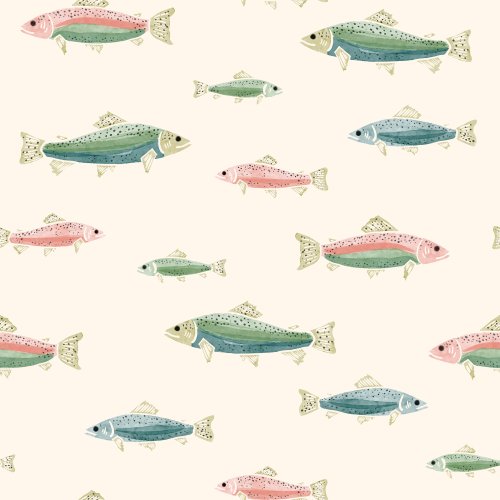 Watercolor style rainbow trout fish on a solid background.