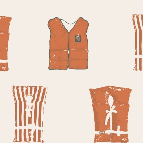 Celebrate outside fun with fishing-themed prints featuring vintage life jacket fun for any lake house. 