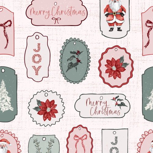 hand drawn christmas gift tag shapes with different hand drawn Holiday motifs inside such as christmas trees, bows, holly and greenery, hand lettered merry christmas, jingle bells and Santas