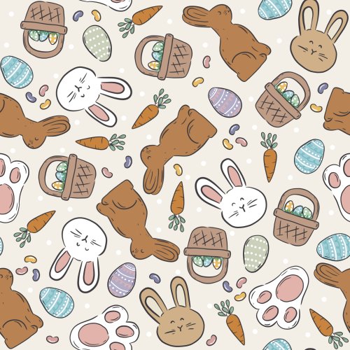 Easter fabric design with chocolate bunnies, easter candy and easter baskets on a cream background