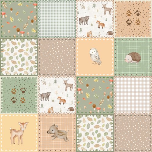 Hand drawn cheater quilt design with forest animals in green brown.
