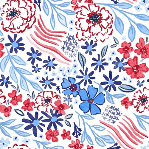 Red white and blue American flags and floral in a pretty moving pattern