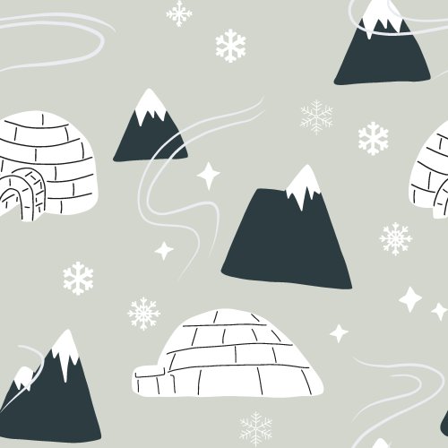A pattern full of igloos, northern lights, and snowy mountain peaks with snowflakes. Part of the larger arctic life collection.