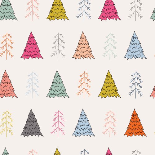 hand-drawn Christmas trees in midcentury colors on a cream background