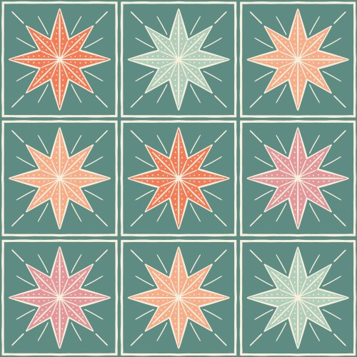 Repeating tiled pattern of decorative Nordic-style Christmas stars in coral, blush and mint on a teal background.