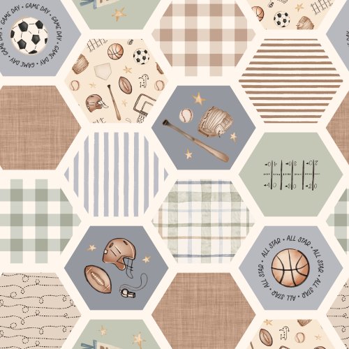a sports cheater quilt with baseball, football, basketball and soccer motifs, plaid and stripe patterns arranged in hexagon shapes.