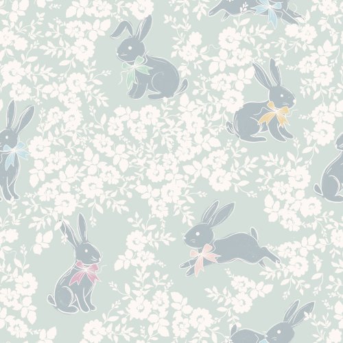 Bunnies frolicking through blossoms in a soft  monochrome pastel